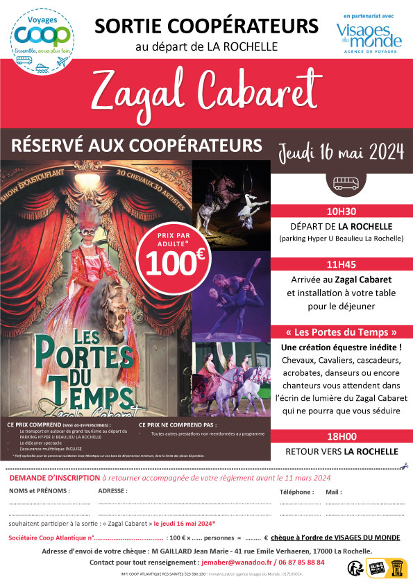 Zagal Cabaret - Sortie Coop au départ de La Rochelle