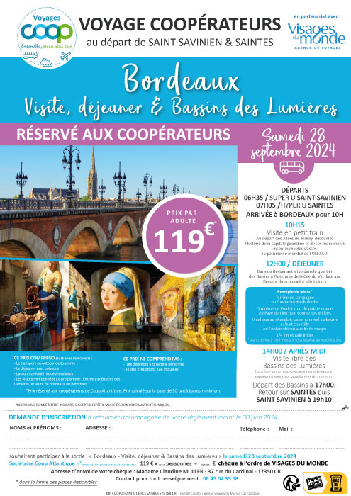Sortie coopérateurs à Bordeaux au départ de Saint-Savinien et Saintes